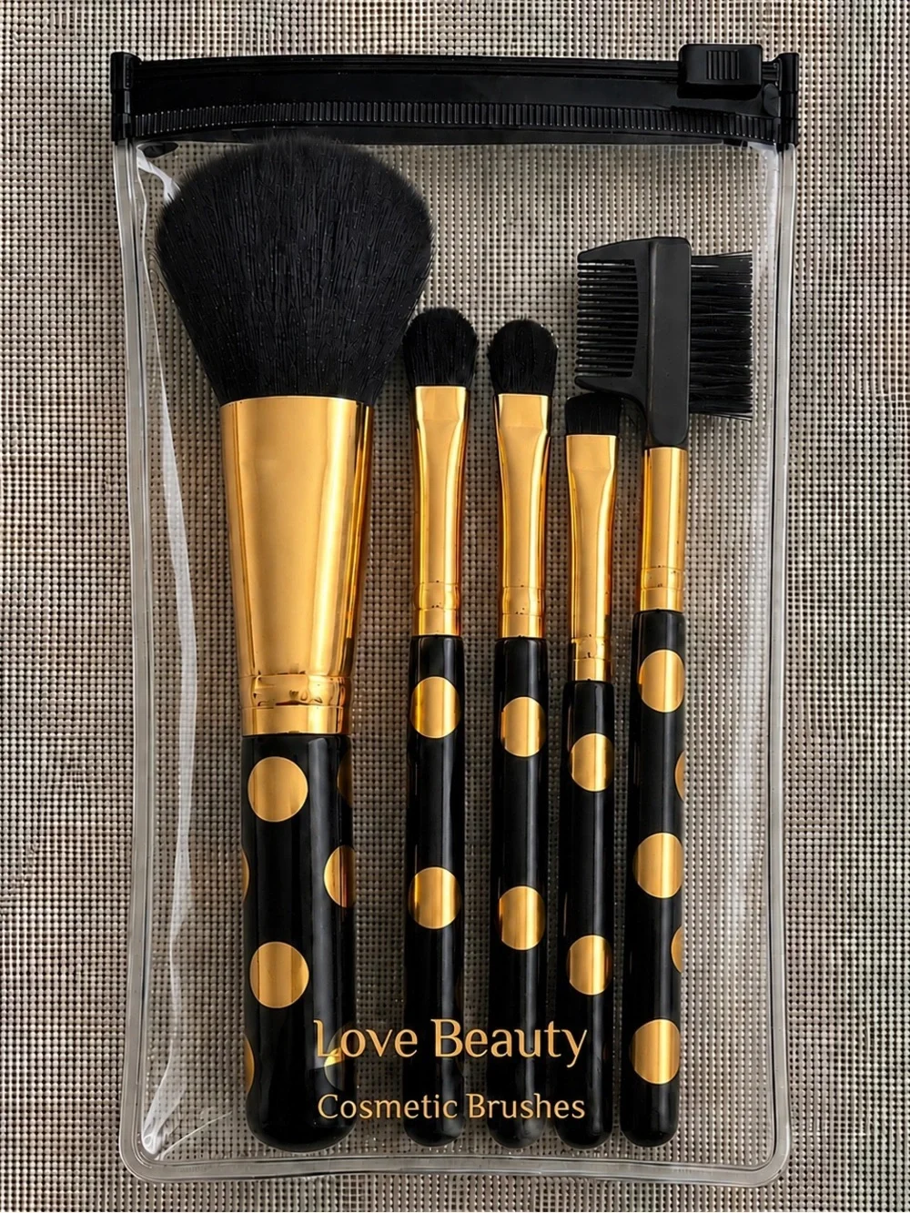 Love & Beauty 5 Pc Black & Gold Polka Dot Fashion Make Up Cosmetic Brush Set NIP